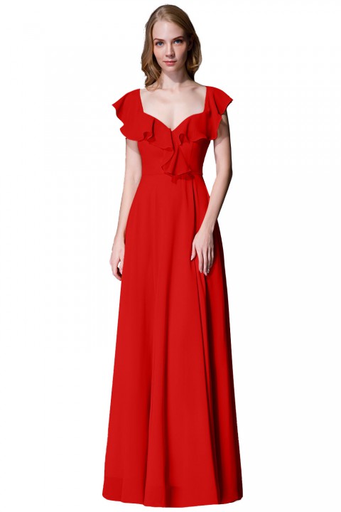 V Neck Cascading Ruffles Sleeve Bow Back Bridesmaid Dress 