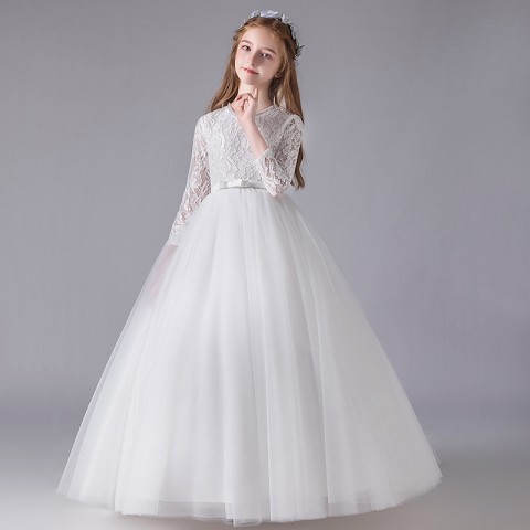 White Long Sleeve Lace Embroidery Bow Decor Tulle Skirt Girls Pageant Dresses