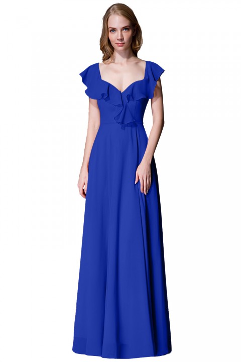 V Neck Cascading Ruffles Sleeve Bow Back Bridesmaid Dress 