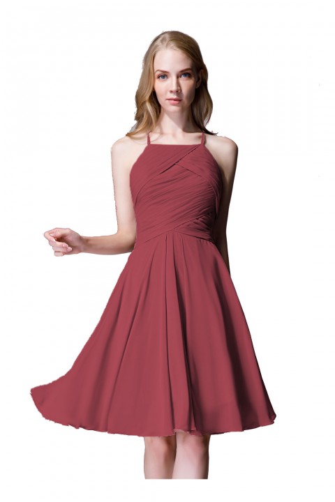 Elegant Halter Tea Length Pleated Chiffon Bridesmaid Dress with Tie Back