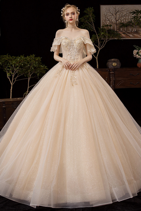 2021 New Off Shoulder Sleeveless Paillette Decor Tulle Wedding Dress With Long Train