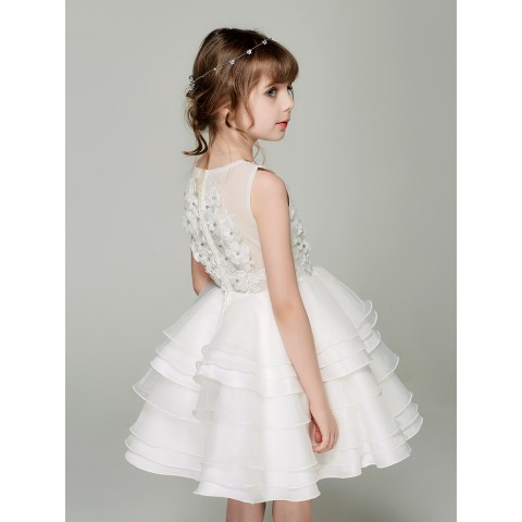 White Sleeveless Flowers Embroidered Lace Skirt Girls Pageant Dresses
