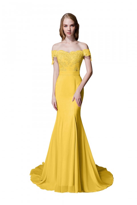 Elegant Mermaid Off Shoulder Chiffon Lace Straight Bridesmaid Dress with Train