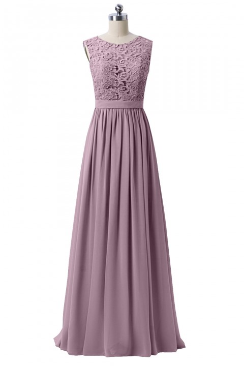 Lace Scoop Illusion Back A-Line Chiffon Bridesmaid Dress Long