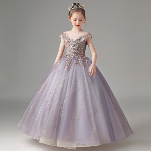 Purple Round Neck Short Sleeves Sequin & Bead Decor Shiny Star Tulle Skirt Girls Pageant Dress