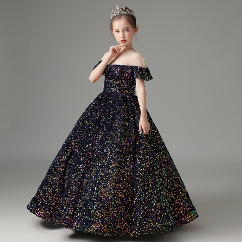 Navy Blue Gorgeous Round Neck With Flounce Decor Sequin Girls Pageant Dress