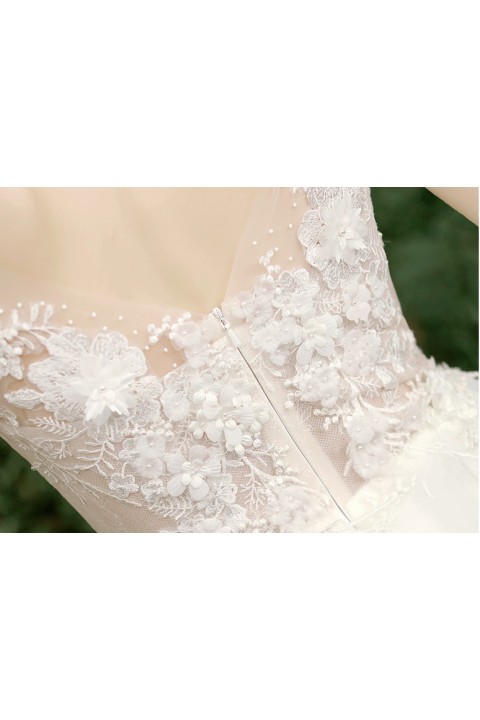 Illusion Neck Cap Sleeve Beaded Lace Crochet Tulle Wedding Dress with V Back