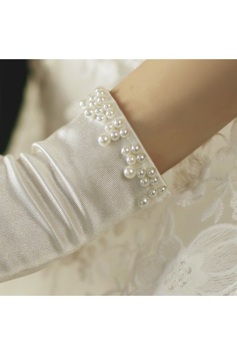 White Handmade Pearl Decor Satin Wedding Bridal Gloves