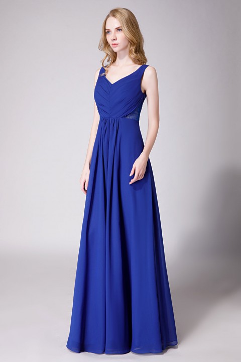 Elegant V-Back Chiffon Tank Bridesmaid Dress with Mesh Lace Inset