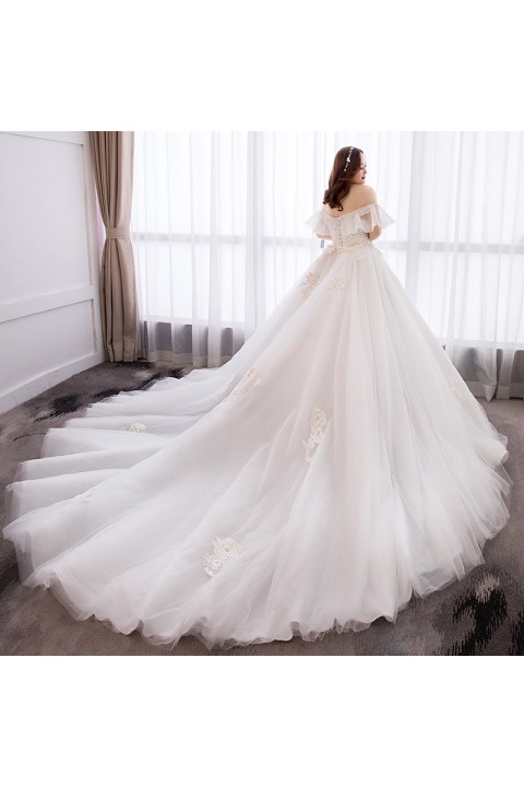 Plus Size 2021 Off Shoulder Flounce Decor Gorgeous Embroidered Flower Tulle Wedding Dress With Long Train