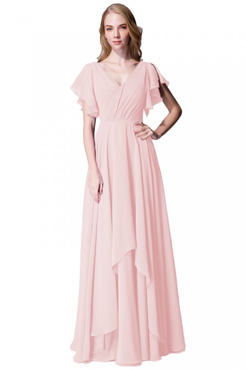 Flutter Sleeve Chiffon Ruched V Back Bridesmaid Dress Long