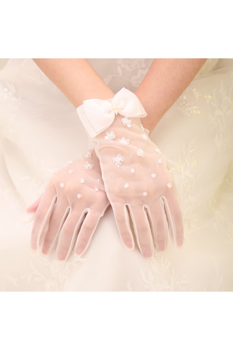 White Pearl Bow Decor Thin Tulle Bridal Gloves