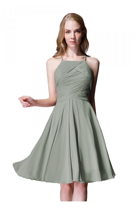 Elegant Halter Tea Length Pleated Chiffon Bridesmaid Dress with Tie Back