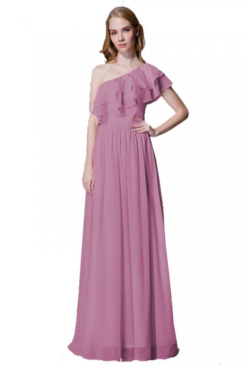 Asymmetrical One-Shoulder Flounce Chiffon Bridesmaid Dress Long