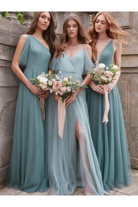 Cold Shoulder Short Sleeves Split Chiffon Bridesmaid Dress