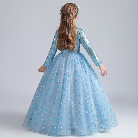 Ice Blue Round Neck Long Sleeves Sequins Decor Tulle Skirt Girls Pageant Dresses