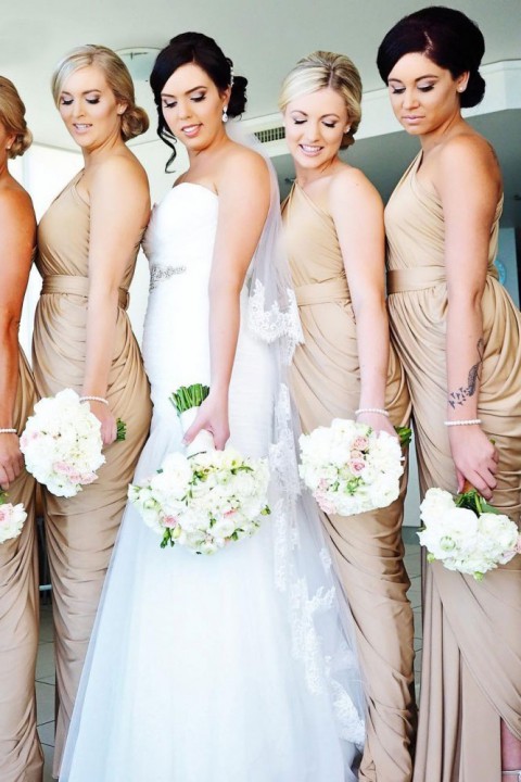 One Shoulder Draped Side Slit Bridesmaid Dress with Belt