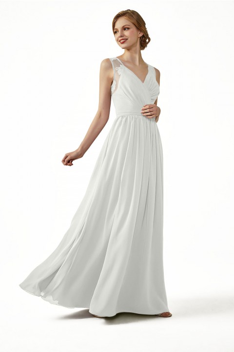 Lace Illusion Back Closure with Button Ruched V-Neck Bridesmaid Dress 