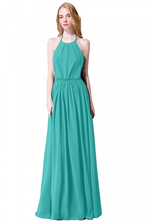 Halter Spaghetti Strap Open Back Chiffon Bridesmaid Dress with Sash