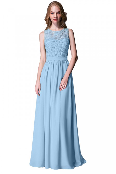 Lace Upper Bodice Illusion Scoop Neck Chiffon Bridesmaid Dress Sleeveless