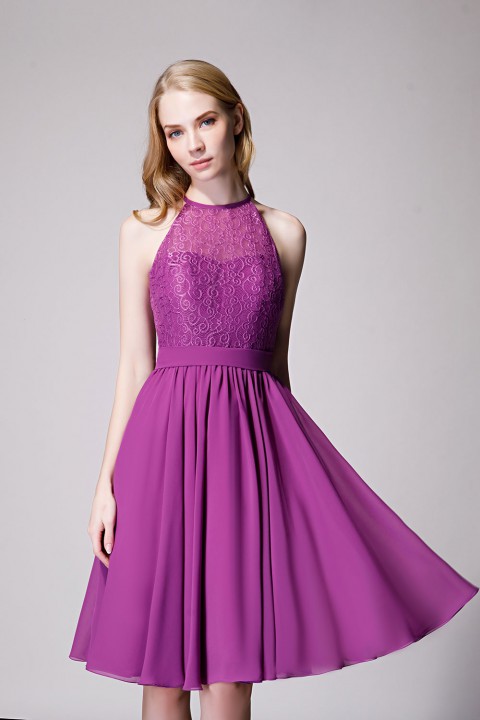 Illusion High Neck Halter Lace Short Bridesmaid Dress with Tie Detail