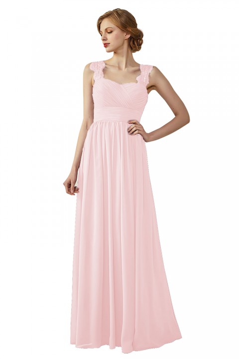 Pleated Long Chiffon Open Back Lace Strap Bridesmaid Dress