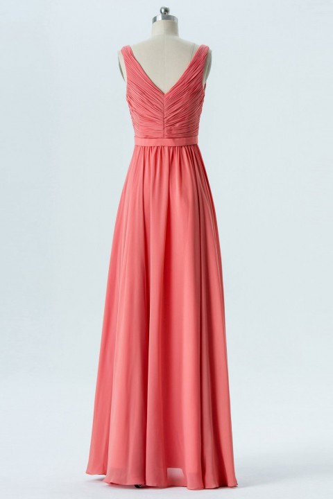 V Neck & Back Pleated Chiffon Tank Bridesmaid Dress with Ruffle