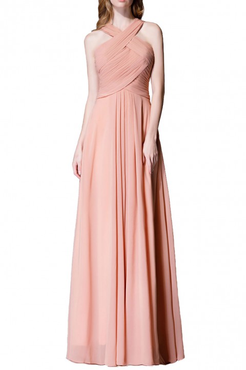 Chic Criss-cross Halter Pleated Chiffon Bridesmaid Dress Long