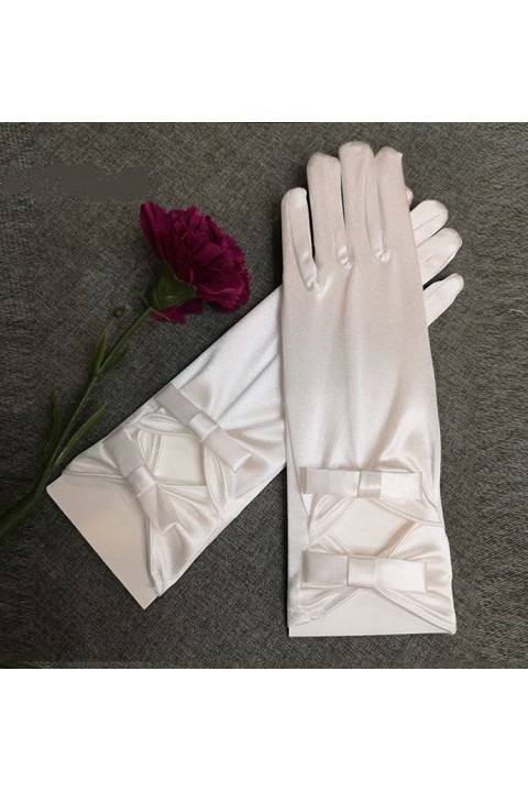 White Satin Bow Decor Wedding Bridal Gloves