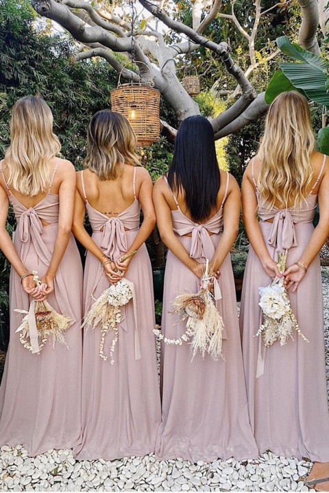 Spaghetti Strap Tied Back Chiffon Long Bridesmaid Dress