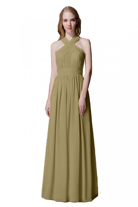 Criss-cross Halter Pleated Chiffon Bridesmaid Dress with Cross-straps Back