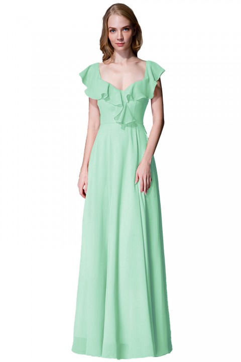 V Neck Cascading Ruffles Sleeve Bow Back Bridesmaid Dress 