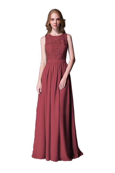 Lace Upper Bodice Illusion Scoop Neck Chiffon Bridesmaid Dress Sleeveless