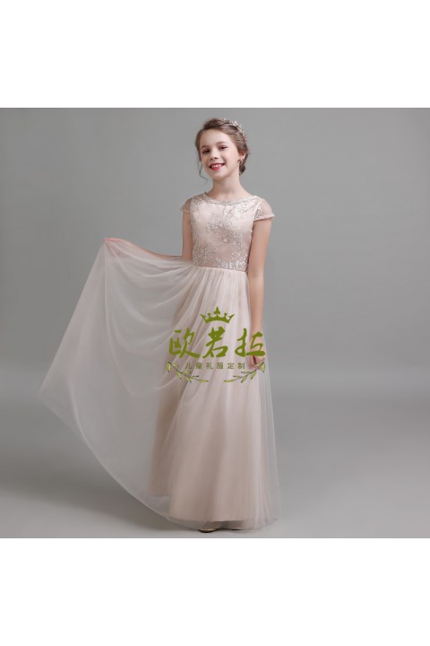 Round Flower Neck Lace Embroidery Tulle Skirt Junior Bridesmaid Dresses