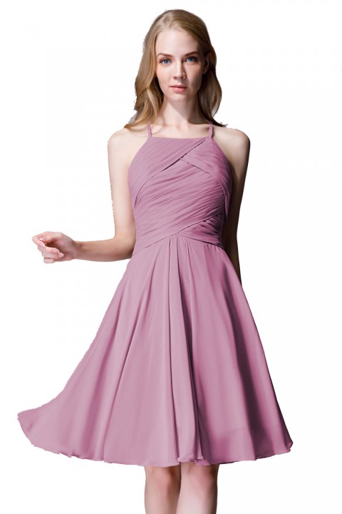 Elegant Halter Tea Length Pleated Chiffon Bridesmaid Dress with Tie Back