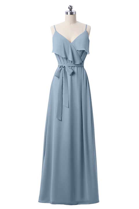 Clearance | Spaghetti Straps Scoop Back Ruffled Chiffon Bridesmaid Dress with Sash