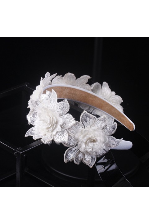 White Handmade Sequins Flower Shape Decor Bridal Headband