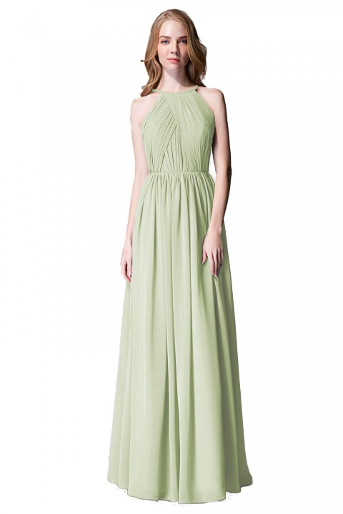 Pleated A-Line Halter Spaghetti-Straps Back Chiffon Bridesmaid Dress