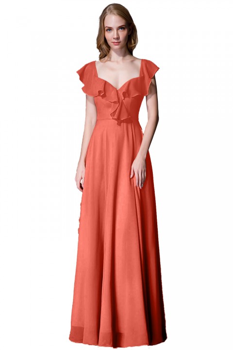 V Neck Cascading Ruffles Sleeve Bow Back Bridesmaid Dress 