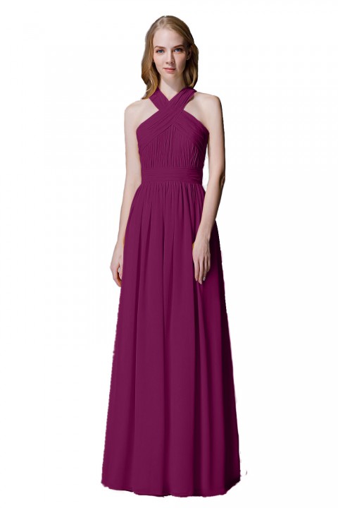 Criss-cross Halter Pleated Chiffon Bridesmaid Dress with Cross-straps Back