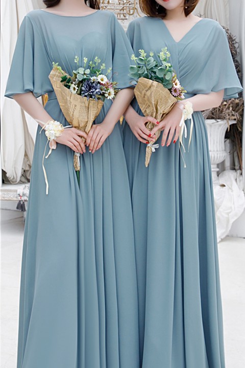 Boat Neck Bat Sleeve Pleated Chiffon Long Bridesmaid Dress with Corsage Back