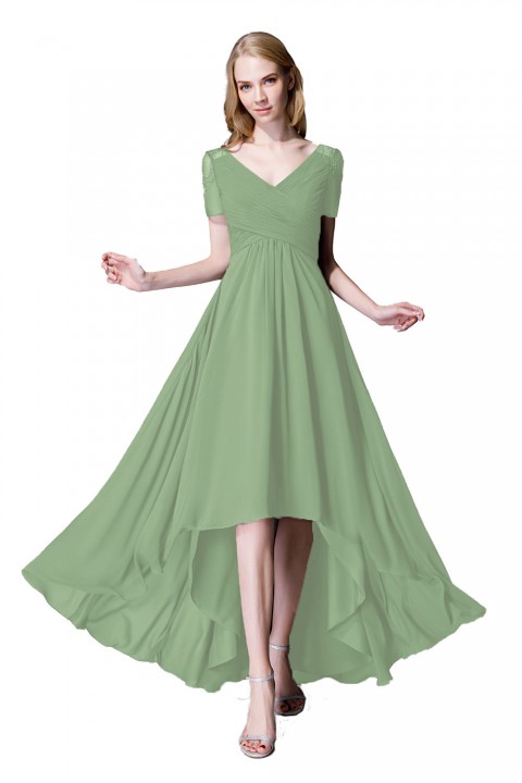 Criss Pleated V-neck High-low Chiffon Bridesmaid Dress with Illusion Sleeves