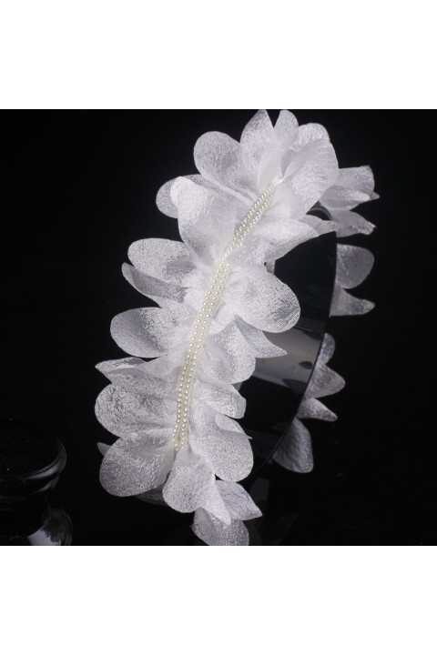 White Handmade Beads Tulle Flower Shape Decor Bridal Headband 