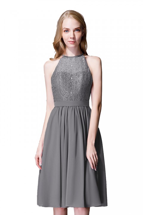 Illusion High Neck Halter Lace Short Bridesmaid Dress with Tie Detail