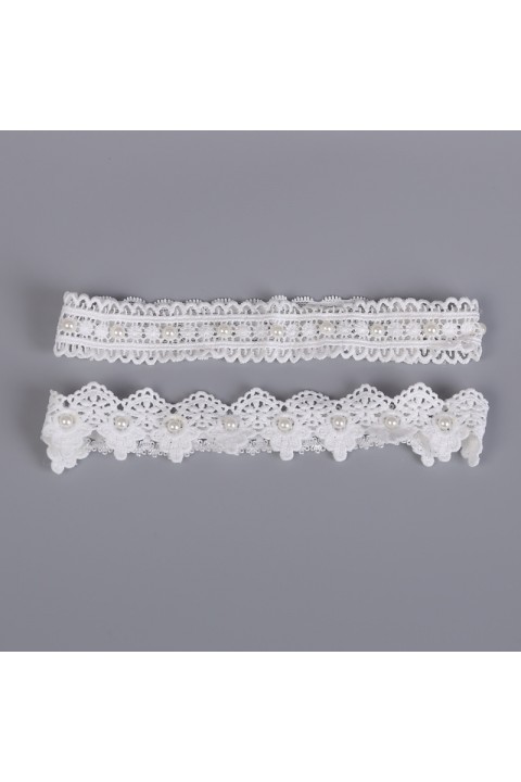 Lace Crochet Pearl Decor Elastic Bridal Garter Set