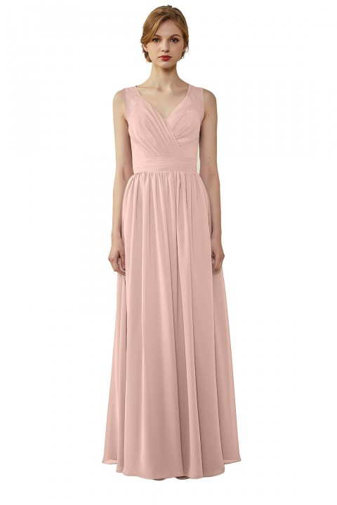 Lace Illusion Back Closure with Button Ruched V-Neck Bridesmaid Dress 