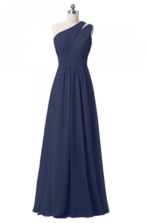 One Shoulder with Double-Straps Detail Pleated Bodice Floor Length Chiffon Bridesmaid Dress