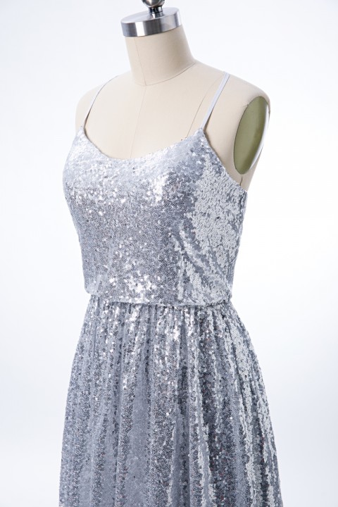 Adjustable Spaghetti Straps Crisscross Tie Back Sequin Bridesmaid Dress