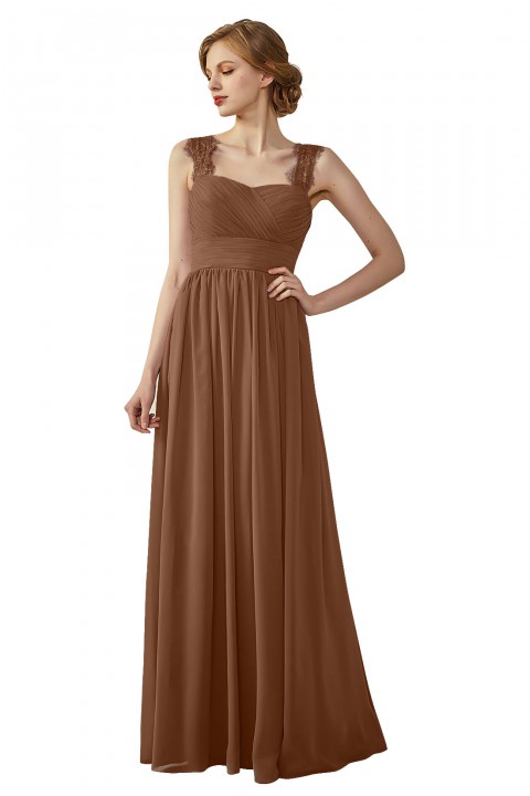 Pleated Long Chiffon Open Back Lace Strap Bridesmaid Dress