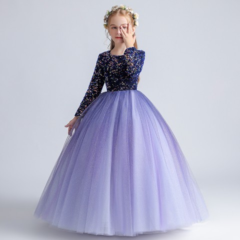 Navy Blue Round Neck Long Sleeves Sequined Decor Tulle Skirt Girls Pageant Dresses